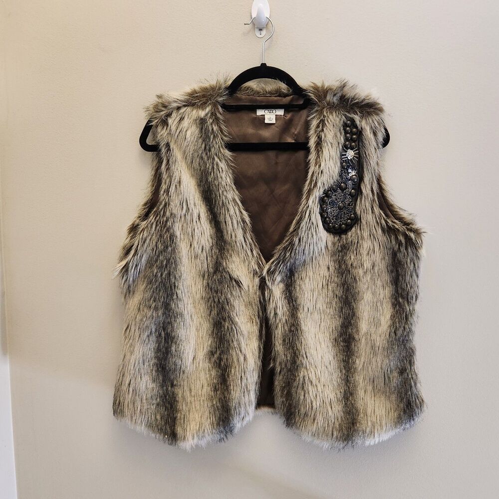 Cato Faux Fur Beaded Vest Womens Lg Embellished Shaggy Boho Glam Festival Y2k